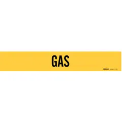 Yellow adhesive pipe marker with black 'Gas' legend for identifying gas lines. Fits pipe outer diameters from 2-1/2 to 7-7/8 inches. Supplied without arrows. Suitable for indoor/outdoor use on clean, dry pipes in industrial facilities.