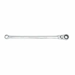 This GEARWRENCH wrench is a metric, double-end, 12-point ratcheting box end wrench with a flex design. It features a 21 mm head size and an overall length of 18 3/4 inches, with a chrome finish. Suitable for tightening or loosening fasteners in confined spaces during maintenance and assembly tasks.