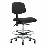 This armless vinyl lab chair features an aluminum base and foot support. Seat width is 18 1/2 in, seat depth is 17 in. Back tilt range is 10.5° forward to 13.5° backward. Height adjusts from 21 1/2 in to 29 in. Not ESD safe. Suitable for laboratory and industrial workstations requiring easy cleaning and seated tasks
