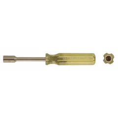 Non-sparking nut driver with a solid round shank and straight design. Metric tip size of 5 mm, standard length, without magnetized tip. Used for tightening or loosening hex nuts in environments where non-sparking tools are required.