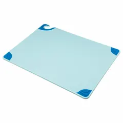 This cutting board is made of co-polymer material in blue color, measuring 18 inches in width and 24 inches in length. It is NSF Certified for sanitation compliance. Commonly used in commercial kitchens and food preparation areas for direct food contact.