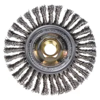 Steel stringer bead brush for removing slag, spatter, and oxidation from weld joints on carbon steel. Features a 4" diameter, 3/16" width, 3/8"-24 arbor, and 0.02" fill. Suitable for surface preparation prior to inspection or further welding