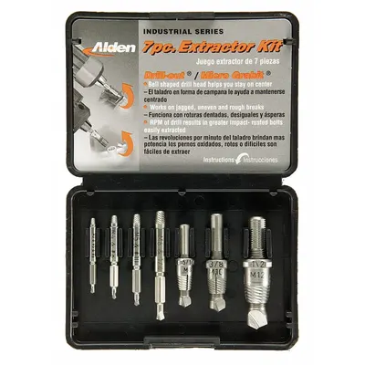 ALDEN Screw Extractor Set: 7 Pc, Double End Extractor Bit/Single End Extractor Bit - Single- & Double-Ended Extractor/Drill Bit Sets