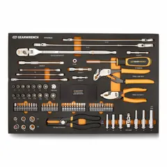 This 82-piece tool set includes drivers, bits, pliers, and wrenches in both Metric and SAE sizes. It contains 52 push pin pliers and 30 additional components, all organized in a foam insert for secure storage. Suitable for maintenance and repair tasks in industrial, automotive, and facility settings.