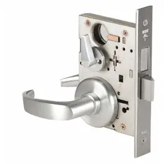 Privacy lever lockset with push-button locking from the interior, suitable for bathrooms or bedrooms in commercial facilities. Features a satin chromium-plated stainless steel finish, ADA-compliant lever, and interchangeable core for key-system flexibility. ANSI function code F19 with 45H escutcheon style. No visual indicator or ligature resistance.