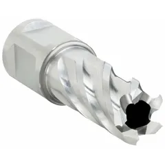 This annular cutter is made of high-speed steel with a bright finish. It has a 19/32 in cutter diameter and a maximum cutting depth of 1 in. Designed for use with portable magnetic drilling machines to create holes in metal workpieces.