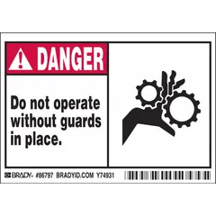 Polyester adhesive sign, 3 1/2 in x 5 in nominal size, 0.01 in thick. Not retroreflective or glow-in-the-dark. Supplied in a 5-pack. Used to warn personnel that machinery must not be operated unless safety guards are installed.