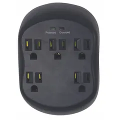 This surge-protected outlet plug adapter converts a single wall receptacle into five AC outlets. It is rated for 125V AC and finished in black. Suitable for expanding outlet capacity in offices, workshops, and light industrial settings where multiple devices need power without USB charging.