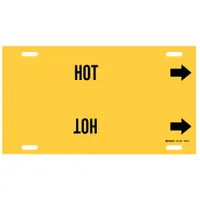 Yellow pipe marker with black 'Hot' legend and directional arrows. Fits pipe outer diameters of 10 to 15 inches. Used to identify hot piping systems in industrial facilities, helping prevent burns and ensure safety compliance
