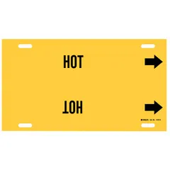 Yellow pipe marker with black 'Hot' legend and directional arrows. Fits pipe outer diameters of 10 to 15 inches. Used to identify hot piping systems in industrial facilities, helping prevent burns and ensure safety compliance.