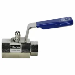 This Parker straight-body ball valve features 316 stainless steel construction with a two-piece design and FNPT x FNPT connections. The lever handle provides manual on/off control for industrial piping systems handling corrosive fluids or requiring high-purity shutoff.