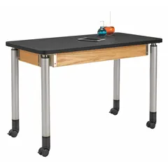 This adjustable-height lab table features a laminate countertop in an oak finish. Overall dimensions are 4 ft length by 24 in width, with height adjustable from 27 in to 39 in. It supports a load capacity of 500 lb, suitable for laboratory, educational, and industrial workstations.