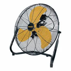 Stationary floor fan with 20-inch blade diameter, 1/5 hp direct-drive motor, and steel construction. Operates on 120V AC. Suitable for air circulation in workshops, warehouses, and factories to cool workers, ventilate spaces, or dry surfaces.