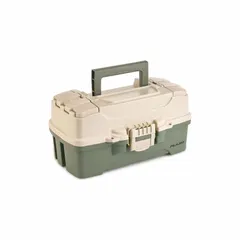 This plastic tool box features a hinged lid with latch closure and seven compartments for organizing tools and small parts. Its compact size suits workshops, job sites, and home garages. The green/tan color scheme provides visibility.