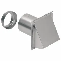 This wall cap terminates round 3-inch or 4-inch duct runs through exterior walls or soffits. Constructed of aluminum with a silver finish, it includes a built-in screen and backdraft damper to prevent debris entry and airflow reversal. Suitable for residential and light commercial ventilation exhaust systems.