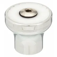 Brass spray flow outlet with chrome finish. Features a 3/8"-18 female NPSM connection. Used in commercial and institutional plumbing systems to deliver a controlled spray pattern for rinsing or cleaning tasks.