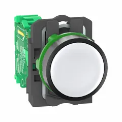 This non-illuminated momentary push button transmitter from the XB5R series features a white plastic operator and plastic bezel. It is designed for 22 mm panel mounting and used for wireless control of industrial equipment such as starting or stopping machinery.