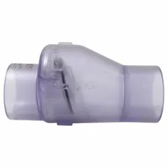 PVC inline spring-loaded swing check valve with 1 1/2 in pipe size and socket x socket connections. Female connection type on both sides. Used to prevent backflow in piping systems for water treatment, irrigation, and industrial fluid handling.