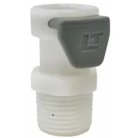 Plastic quick-connect fitting with integrated valve, 3/8 in diameter and 1 in height. Includes quick-connect with valve. Compatible with DSU-H Ultrafilters for water filtration system connections