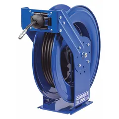 Truck-mounted spring-return hose reel for grease dispensing. Features a 75 ft hose with 3/8 in I.D., 3/8 in MNPT brass inlet, and 4,000 psi max operating pressure. Blue finish with brass swivel. Suitable for mobile lubrication and fleet maintenance applications.