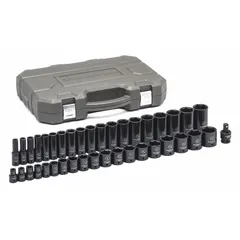 This SAE impact socket set from GEARWRENCH features a 3/8 in drive and covers socket sizes from 3/8 in to 1-1/2 in. The manganese phosphate finish provides corrosion resistance, while the friction ball retainer secures sockets on impact wrenches. Suitable for heavy-duty fastening tasks in automotive repair and industrial maintenance.