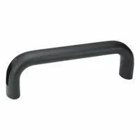 This pull handle is constructed from black aluminum for corrosion resistance. It features unthreaded mounting holes with a 5.04 in center-to-center distance and accepts M6 screws. Suitable for use on industrial enclosures, machinery doors, and panels requiring a durable, non-corrosive grip