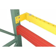 Pallet rack load stop for 0-bay configurations, measuring 96 in x 4 in x 2 in. Constructed from 14 ga steel with a powder-coated yellow finish. Includes mounting hardware. Used to prevent pallets from falling off the back of rack systems in warehouses and distribution centers.