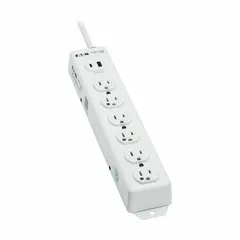 This healthcare power strip features 6 outlets, a 6 ft cord, and a 15 A current rating. It is UL 1363 listed with a white finish and a 5-15P plug. The keyhole mounting style allows for secure installation in medical environments where reliable power distribution is required.