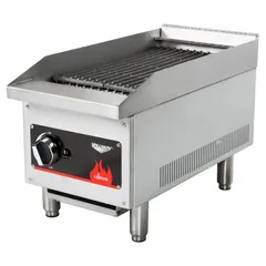 This gas charbroiler features a stainless steel construction with one burner. The cooking surface measures 11 5/8 inches wide by 20 1/2 inches deep. Suitable for commercial foodservice operations requiring outdoor grilling.