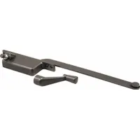 This left-hand crank window operator is designed for casement windows, mounting on the frame. It includes a handle and features a bronze-coated brown finish. The operator has a 4-3/4 in base length and is suitable for residential or light commercial window applications