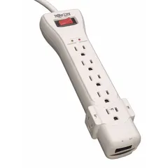 General purpose surge protector outlet strip with 7 outlets and a 7 ft cord. Rated at 2520 J surge energy and 15 A current, with a 5-15P plug. Keyhole mounting allows secure attachment to walls or desks. Suitable for protecting electronics in office, server room, or home entertainment setups.