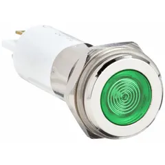 This LED indicator pilot light features a green flush head for low-profile visual status indication on industrial control panels and machinery. Designed for a 12 mm panel mounting hole, it connects via a 0.11 male quick disconnect terminal.
