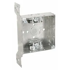Steel 4" x 4" square electrical box with 2-gang capacity. Features a stud side bracket with raised spurs for secure attachment to wood or metal studs. AC clamp style accommodates armored cable connections. Suitable for mounting switches, receptacles, or devices in indoor wiring systems.