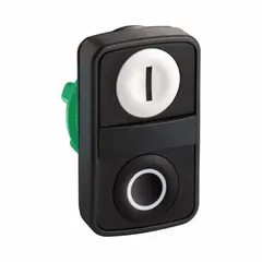 Non-illuminated two-button push-button operator with flush profile and 22 mm mounting size. Momentary/momentary contact configuration with 'I' marking. Suitable for industrial control panel applications such as machinery start/stop or dual-function commands in automation and process control.
