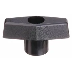 This T-handle knob features a 2 in diameter plastic body with a steel threaded through-hole (3/8"-16). Designed for manual adjustment, clamping, or positioning on machinery and equipment, it provides a secure grip for frequent hand-tightening in industrial settings.
