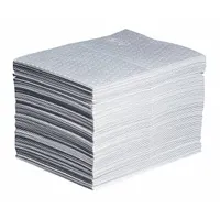 Polypropylene sorbent pad for absorbing industrial fluid spills, leaks, and drips. Each pad absorbs 28 3/16 oz. Measures 20 in x 15 in, white, 100 per pack
