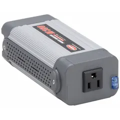 This inverter converts 12V DC input to 120V AC output at 60 Hz with a modified sine wave, delivering 350 W continuous power. It features both a lighter plug and alligator clips for flexible DC connection. Suitable for powering small electronics and tools in vehicles or remote locations.