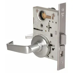 This BEST office lever lockset features a satin chromium-plated stainless steel finish with a 40H rose and F13 function. It is ADA compliant and includes an interchangeable core for key control. Suitable for commercial interior doors such as offices, schools, and healthcare facilities.