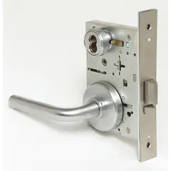 This BEST storeroom lever lockset features a satin chromium-plated stainless steel finish and is ADA compliant. It has an interchangeable core and a 40H rose style, with ANSI F07 function for keyed entry from outside and free egress inside. Suitable for commercial interior doors requiring security and accessibility.