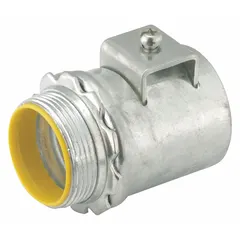Steel straight saddle-style connector for terminating flexible metal conduit to enclosures. Insulated, cULus Listed, 1 in trade size. Suitable for commercial and industrial electrical installations.