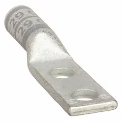 This two-hole compression lug is designed for terminating 4 AWG stranded copper wire. It features a long copper barrel and a 5/16 in stud size, with no inspection hole. Suitable for use in power distribution panels, switchgear, and industrial equipment requiring a secure crimp connection.