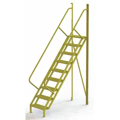 This steel base ladder provides stable access for elevated work areas. With an overall height of 11 ft, width of 30 in, and depth of 20 in, it is suited for maintenance, warehousing, and assembly tasks where a fixed ladder is required. The yellow finish offers high visibility in industrial environments.