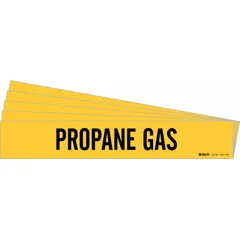 Yellow adhesive pipe marker with black legend reading 'Propane Gas'. Designed for pipe outer diameters of 8 inches and larger. Each pack contains 5 markers without arrows. Used to identify propane gas lines in industrial piping systems.