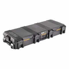 This lightweight long case is constructed of solid black plastic and weighs 22.07 lb. It features two wheels for mobility and is designed for transporting sensitive equipment such as cameras, electronics, or tools in field, travel, and industrial storage applications.