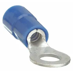 Blue vinyl-insulated ring terminal for #8 stud size, accepting 16 AWG to 14 AWG wire. Rated 600 V. Funnel entry aids wire insertion. Used for terminating wires to stud or screw terminals in electrical connections.