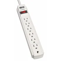 General purpose surge protector outlet strip with 6 outlets, 15 ft cord, 800 J surge energy rating, and 15 A current. UL 1363 listed. Keyhole mounting style for wall or surface installation. Suitable for basic power distribution and surge protection in offices, workstations, and light industrial settings.