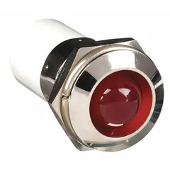 This LED indicator pilot light features a red LED and a raised head design. It has an M16 thread for panel mounting and uses a 0.11 male quick disconnect for electrical connection. Suitable for use on control panels and machinery to indicate operational status.
