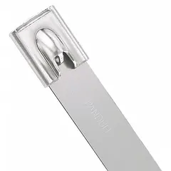 This 304 stainless steel cable tie features a ball lock design for secure bundling. With a width of 0.63 inches and a maximum bundle diameter of 4 inches, it is suitable for securing cables in demanding environments. Supplied in a pack of 50, silver finish.