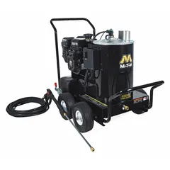 Cart-mounted hot water pressure washer delivering 2,500 psi at 2.5 gpm. Powered by diesel fuel with a usable capacity of 20 hours per week. Suitable for medium-duty cleaning tasks such as removing grease, oil, and grime from equipment and surfaces in industrial and commercial environments.