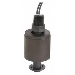 Vertically mounted float switch with a PBT body and lead wires for electrical connection. Provides SPST switching for liquid level detection in tanks or vessels. Suitable for media with a minimum specific gravity of 0.56, such as water, oils, or chemicals.